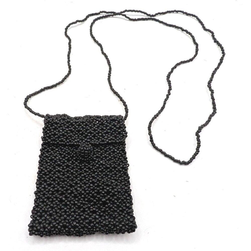 Vtg Handmade Black Beaded Mini Crossbody Bag 4"x3" Size